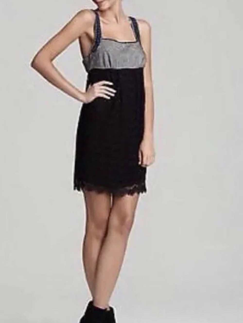 Free People all The Right Moves Gray and Black Beaded Tweeted Lace Dress - Picture 3 of 8